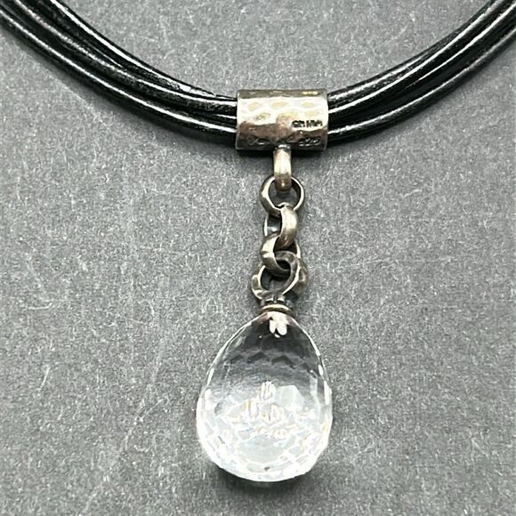 Retired Silpada Leather Cord Sterling Silver Faceted Crystal Pendant Necklace - Picture 2 of 9